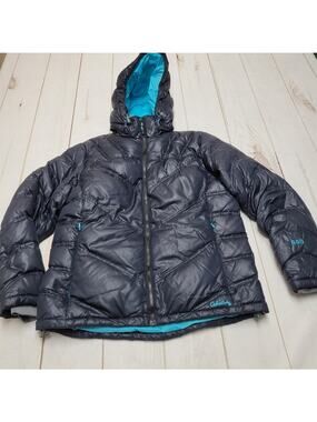 Cabelas 650 goose down filled puffer jacket winter coat hooded navy blue